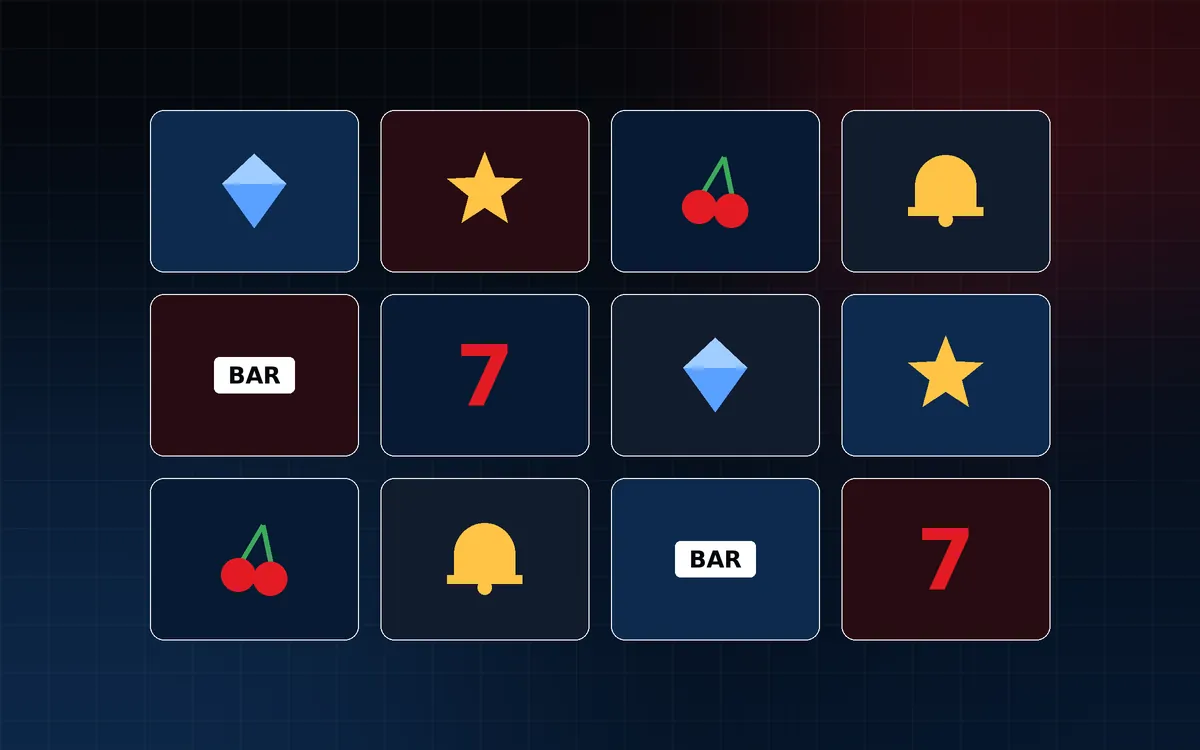 Grid of casino game tiles with slot symbols including sevens, diamonds, stars and cherries
