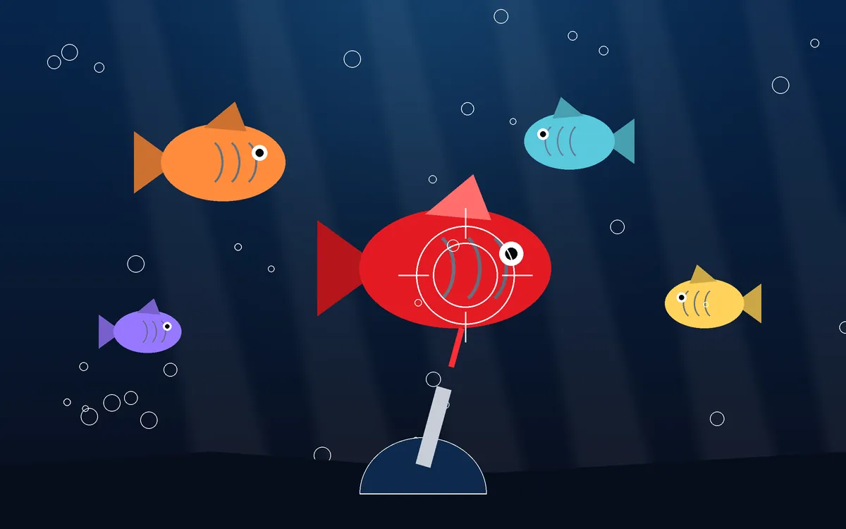 Underwater fishing game illustration with colourful fish, bubbles and a cannon