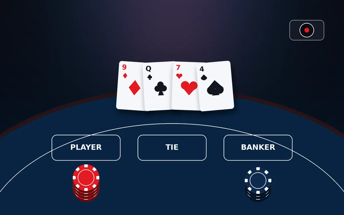 Live casino table illustration with Player, Tie and Banker betting areas, cards and a camera