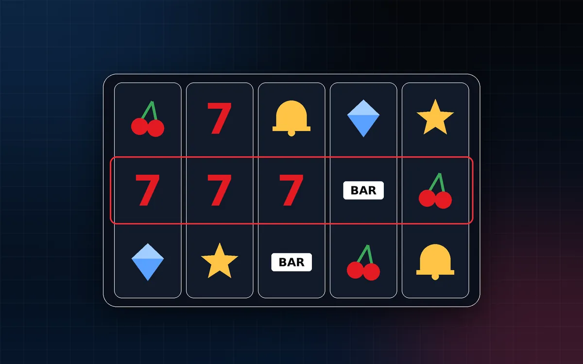 Five-reel slot grid illustration with a row of three red sevens highlighted