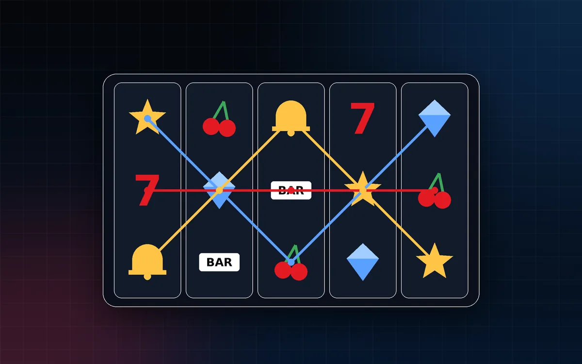 Five-by-three slot reel grid with three coloured paylines drawn across it